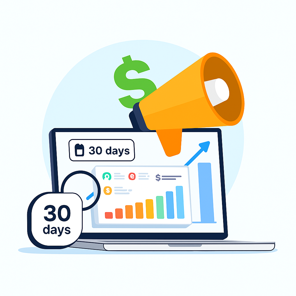 TweetDelete graphic of a laptop displaying an affiliate dashboard showing increased sales over a 30 day period.