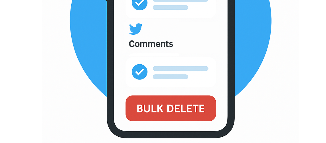 TweetDelete graphic of a phone screen with selected Twitter comments and a prominent red “Bulk Delete” button at the bottom.