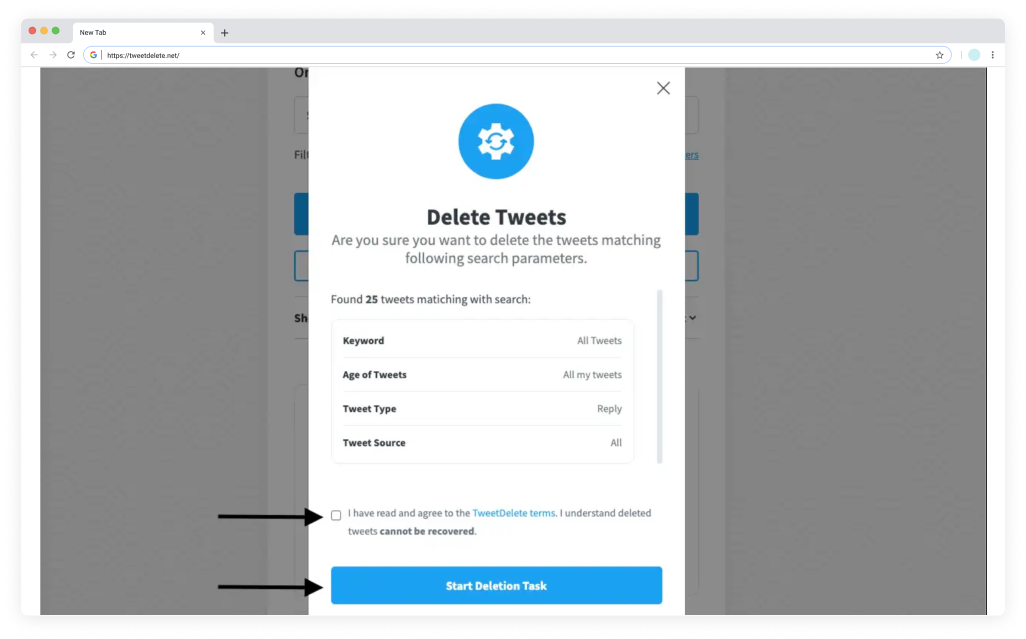 TweetDelete’s screenshot of a pop-up asking the user if they want to start the reply deletion task.