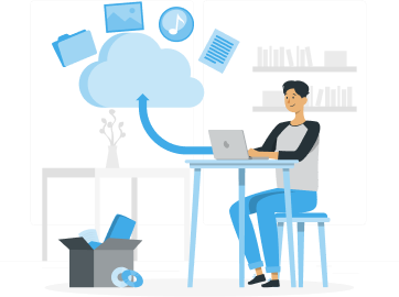 TweetDelete graphic of a person at a desk uploading files to the cloud, with icons for music, documents, and images floating.