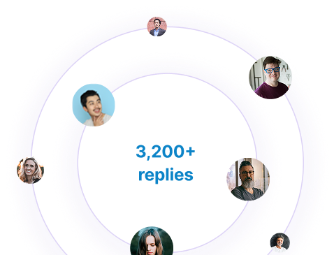 TweetDelete graphic of profile photos orbiting around text that reads “3,200+ replies,” illustrating mass deleting tweet replies.