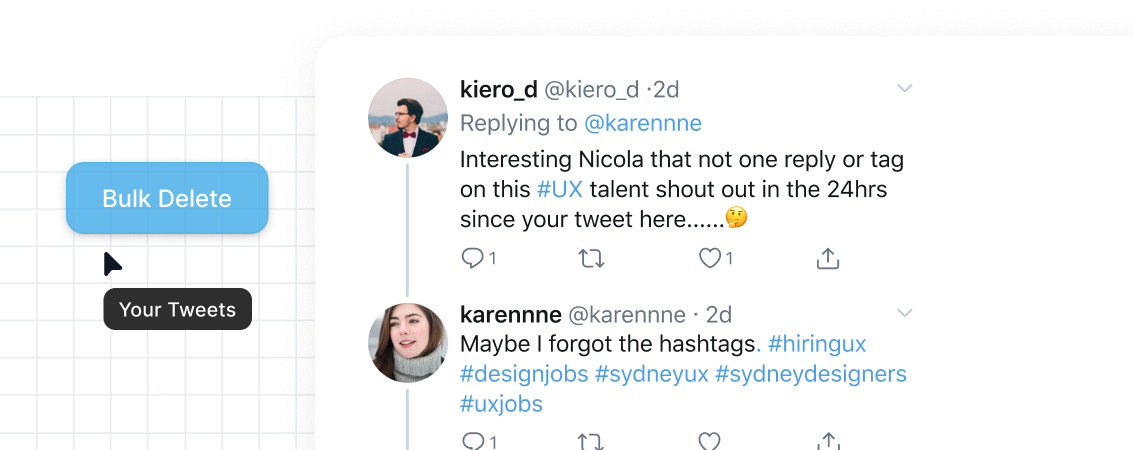 TweetDelete graphic of a Twitter thread with a sidebar button labeled “Bulk Delete” and a tag for deleting replies on Twitter.