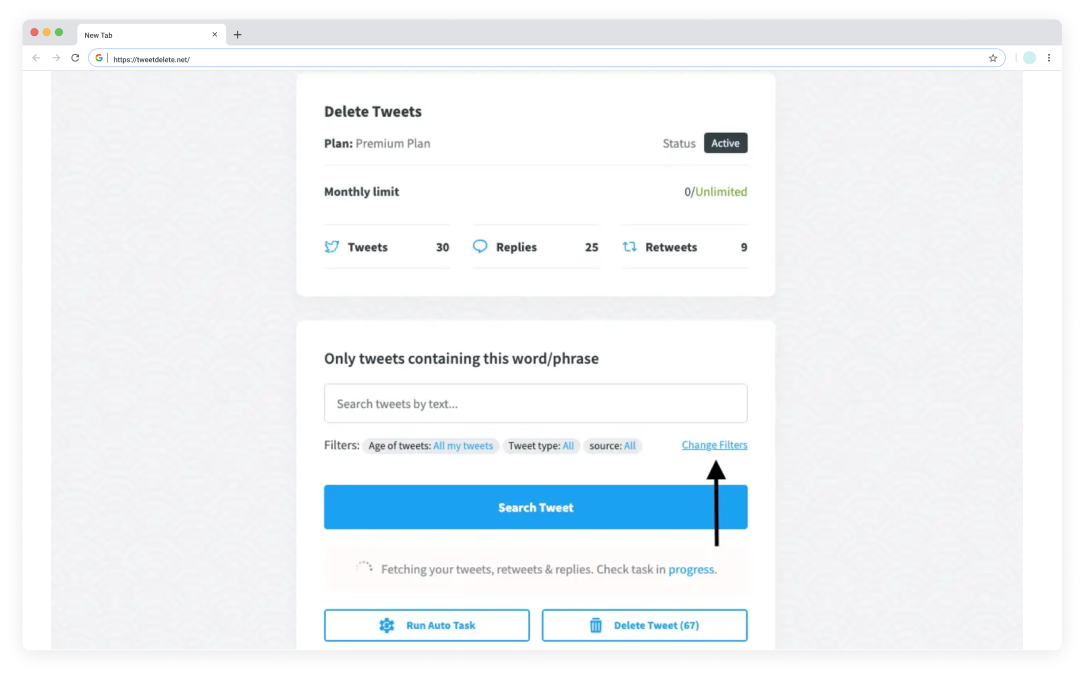 TweetDelete’s screenshot of its interface to delete multiple Twitter posts and replies.
