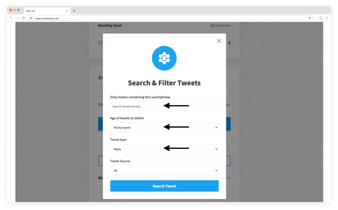 TweetDelete’s screenshot of its filter pop-up to find tweets and replies.