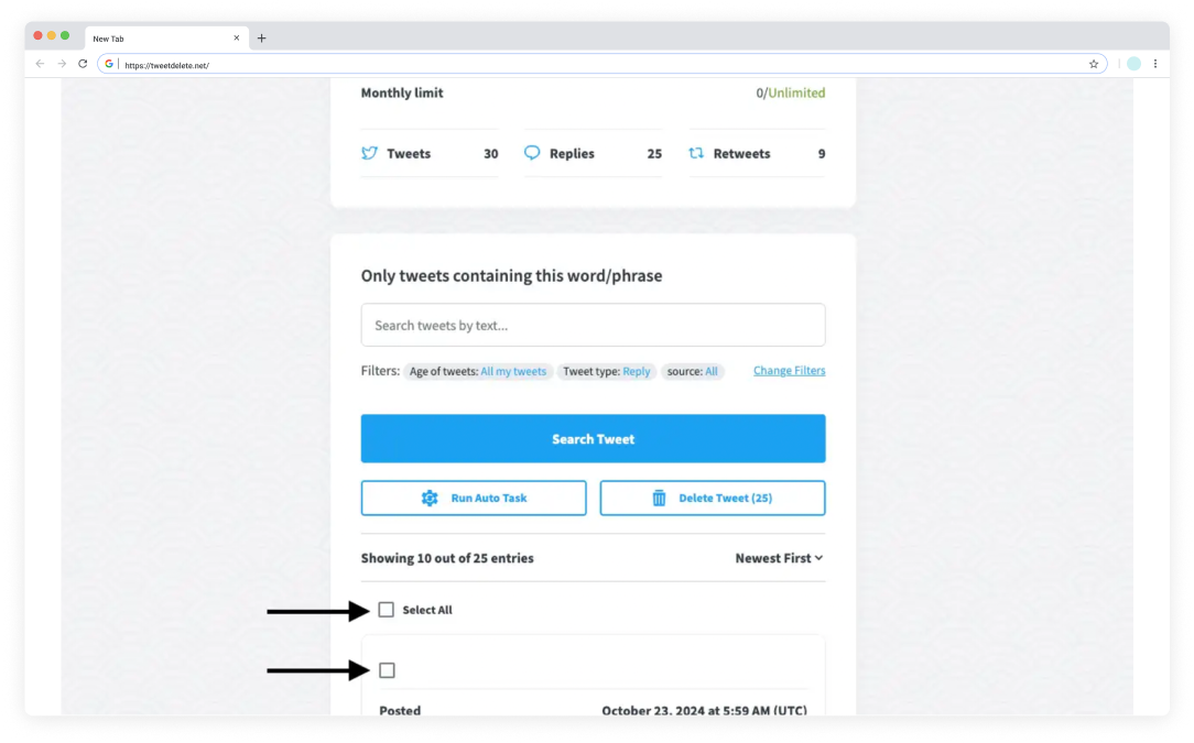 TweetDelete’s screenshot of its interface to select multiple Twitter replies.