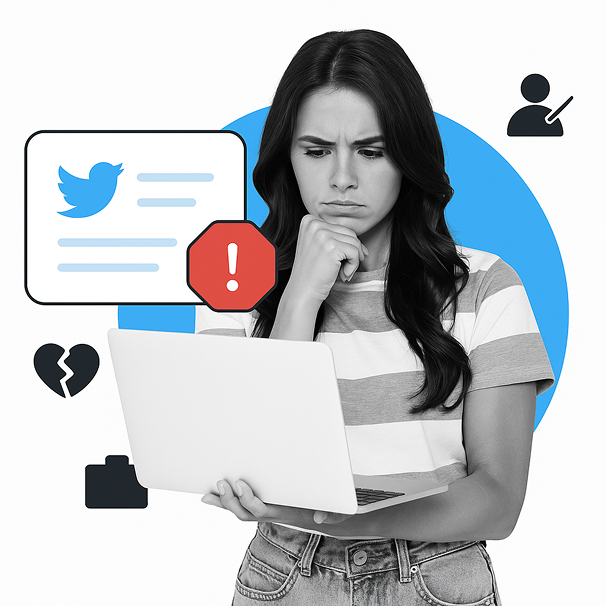 TweetDelete graphic showing a concerned woman looking at a laptop with a warning icon next to a flagged Twitter post.