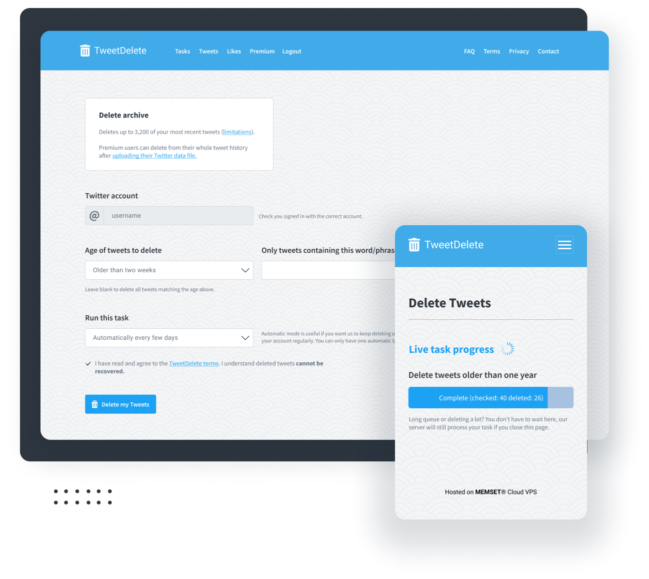 TweetDelete web and mobile interfaces showing options to delete old tweets, with progress bar and account settings visible.