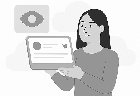 TweetDelete graphic of a person at a desk uploading files to the cloud, with icons for music, documents, and images floating.