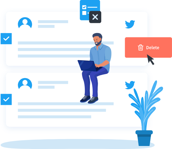 TweetDelete graphic of a man on a laptop sitting on tweets with checkmarks, a trash icon, and a red Delete button.
