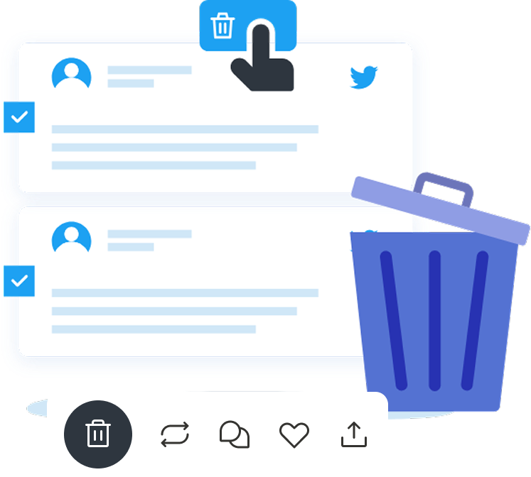 TweetDelete graphic of tweets, the Twitter/X UI, and a trashcan symbolizing deleting tweets by date.