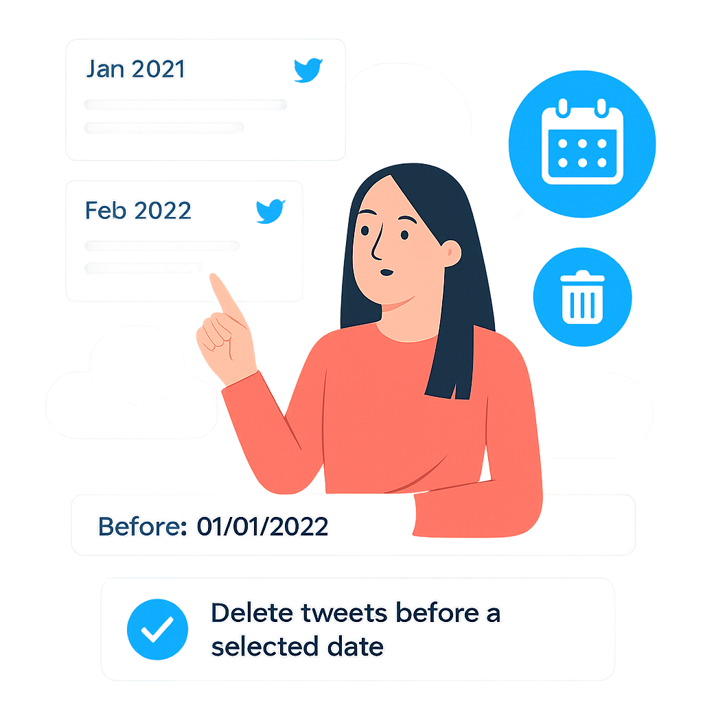 TweetDelete graphic of a woman pointing at tweets with dates next to a calendar and trash can icon with text 