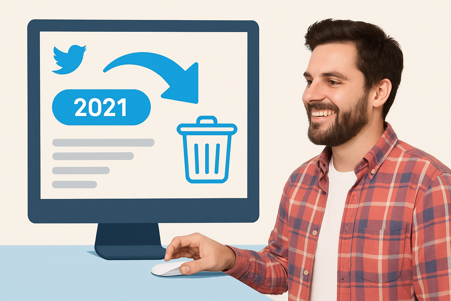 TweetDelete graphic of a man by a computer showing a 2021 tweet icon and trash can symbolizing deleting tweets by date.